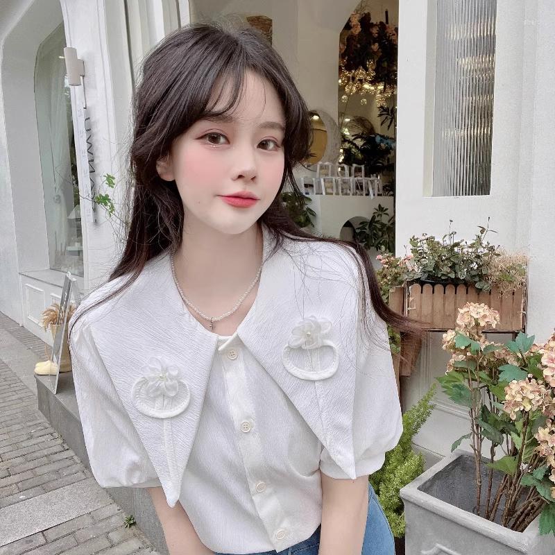 

Women's Blouses Syeazeam Women Shirt French Elegant Temperament Cardigan Casual Chic Gentle Flower Bubble Top Simple Versatile Trend Female, White