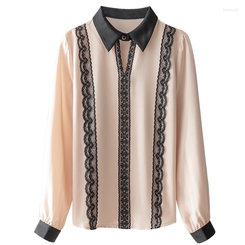 

Women's Blouses Women Elegant Tops Chiffon Lace Blouse Office Lady Turn Down Collar Shirts Autumn Slim Shirt Female Blusas, Beige