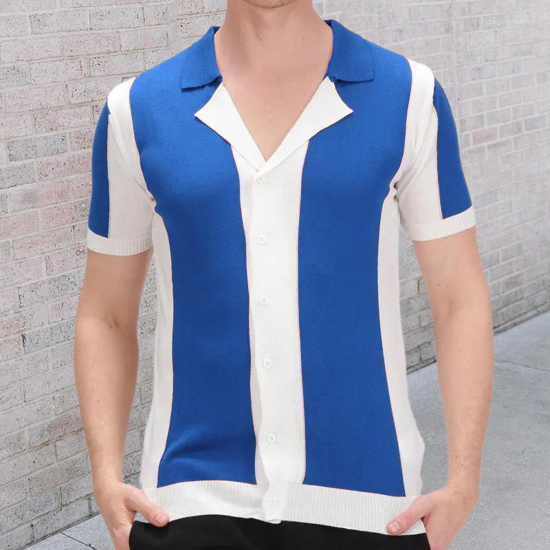 

Men's Casual Shirts Leisure Mens Striped Patchwork Knit 2023 Spring Summer Short Sleeve Button Lapel Knitted Cardigan Tops Men Clothes, 04 red