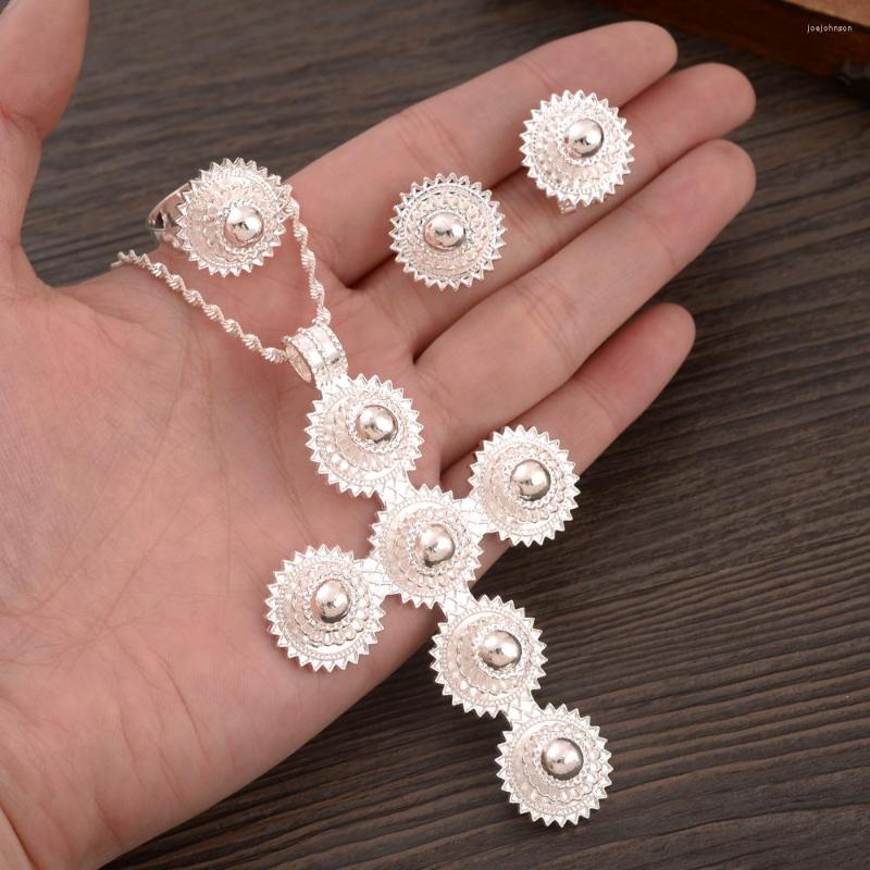 

Necklace Earrings Set Ethiopian Silver Color Cross Earring Ring African Bridal Jewellery Habesha Party Jewelry, Picture shown