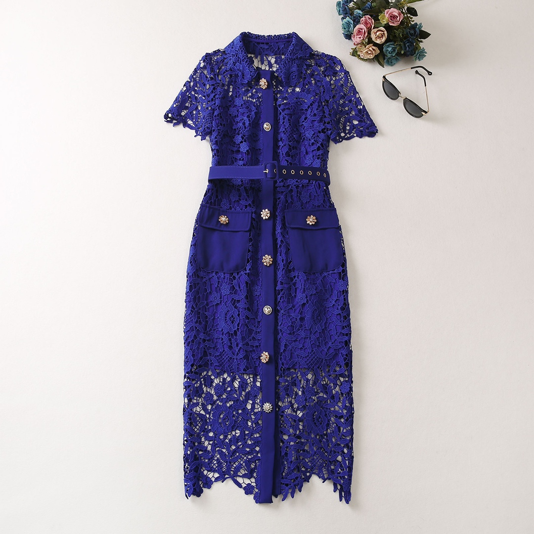 

fanncy dress lapel neck short sleeve lace hollow out gatered waist blue mid dress