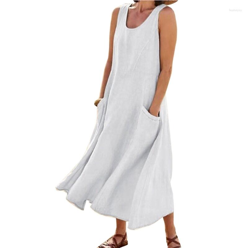 

Casual Dresses Womens U-Neck Solid Sleeveless Cotton Linen Pocket A-Line Loose Flowy Long Dress, Blue