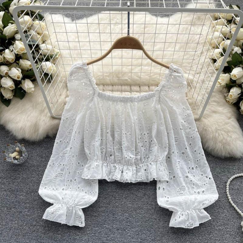 

Women's Blouses French Chic White Blouse Square Collar Shirts Women Hollow Out Shirt Tops Female Casual Long Sleeve Blusas Drop