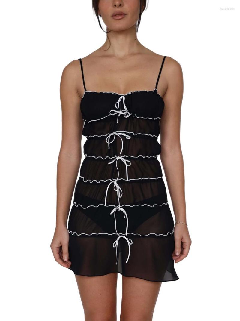 

Casual Dresses Women Sling Dress Spaghetti Straps Lacing Pleated See-through Summer Mini For Club Party, Black