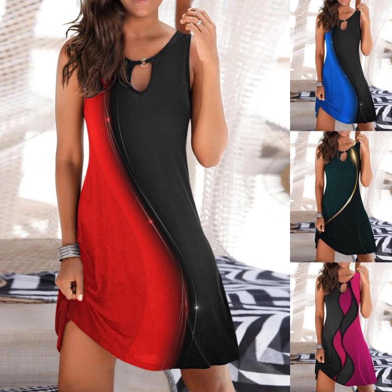 

Casual Dresses Summer Midi Women Round Neck Hollow Ring Design Color Line Block Print Office Dress For, Black