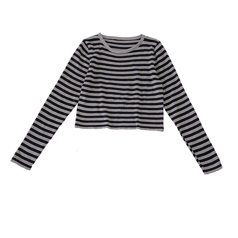 

Women's T-Shirt Autumn style Korean striped hit color long-sleeved short section casual bottoming t-shirt 230414, Black