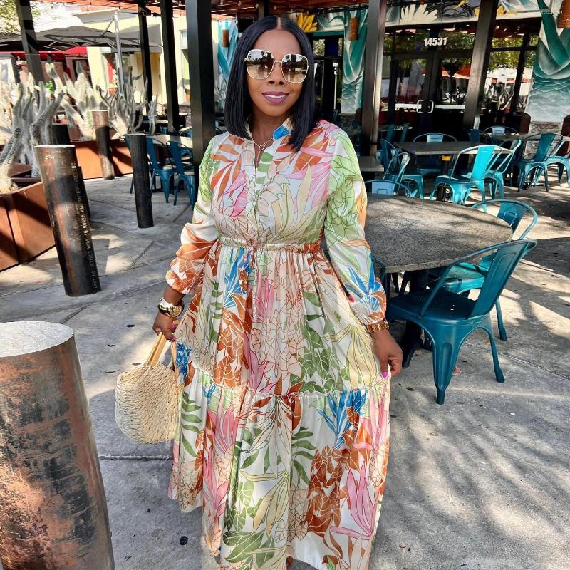 

Casual Dresses 2023 Sexy Cardigan Long Sleeve Button-up Waist Trimming Lace Up Printed Loose Temperament Dress, Multicolor