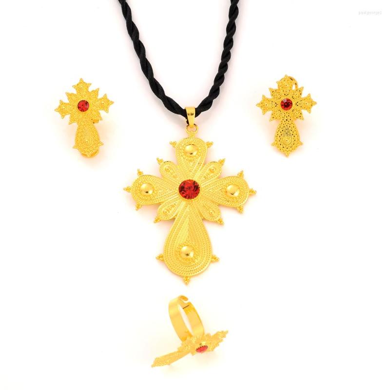 

Necklace Earrings Set Red Cubic Zirconia Gold Plating Rhinestone Cross Ethiopia Jewelry Eritrea Sets For Women's Habesha Wedding Party, Picture shown