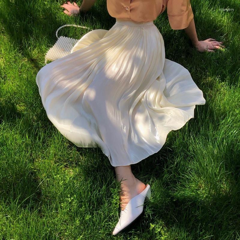 

Skirts Pure Color Pleated Skirt Spring And Summer Women' Mid-length Satin Pearl Shiny Silky High-waist A-line, Green