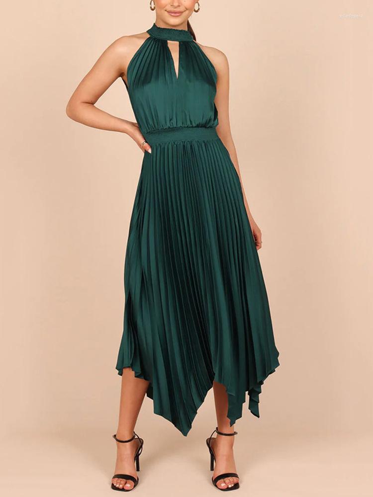 

Casual Dresses WildPinky Chic Satin Halter Party Midi Dress Women Sexy Sleeveless Irregular Pleated Evening Long Luxury Femme Vestidos, Black