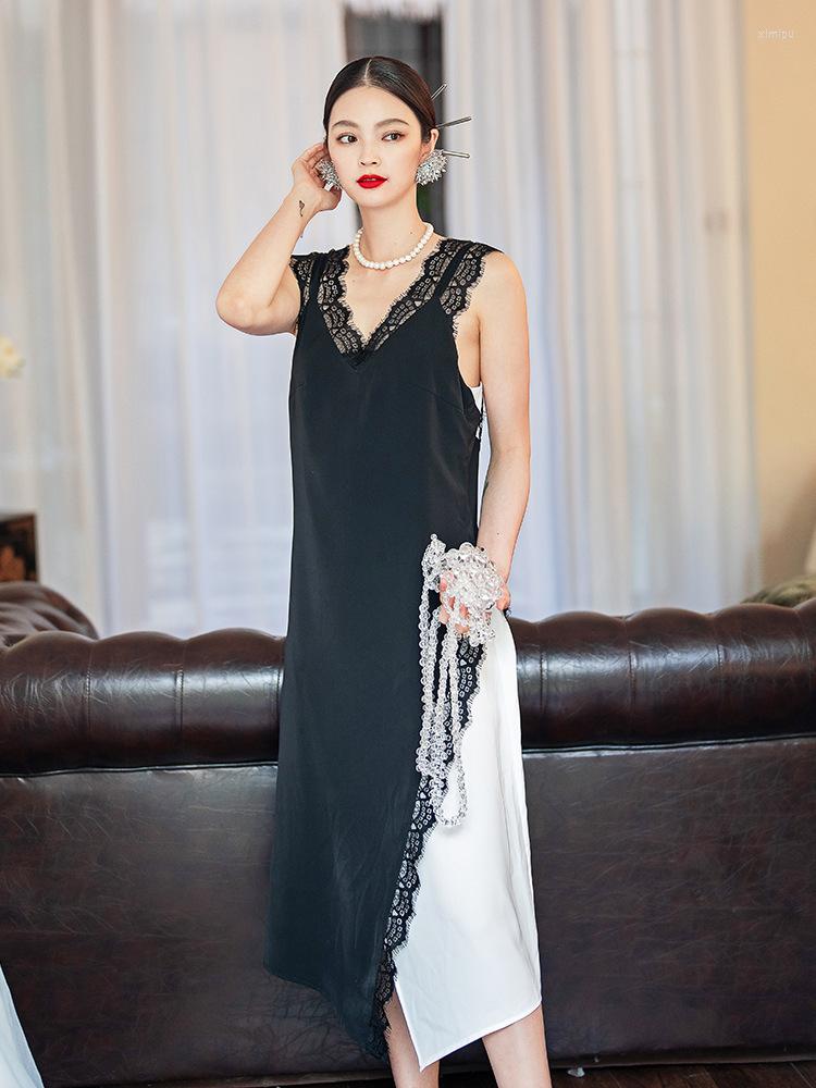 

Women' Sleepwear Luxury Women' Silk Nightgowns Lace Sleeveless V Neck Ladies Nightdress Black And White Irregular Summer Backless