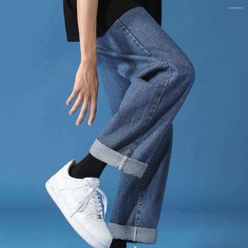 

Men's Jeans Harajuku Blue Denim Straight Multi Pockets Men Wide Leg Solid Color Casual Streetwear Jogger Pants, Black