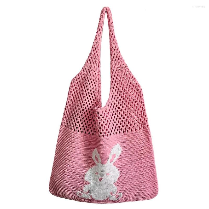 

Evening Bags Woven Weaving Top-handle Bag Large Capacity Cartoon Beach Travel Handbag Eco-Friendly Female Tote Casual For Women Girls, Purple white rabbit