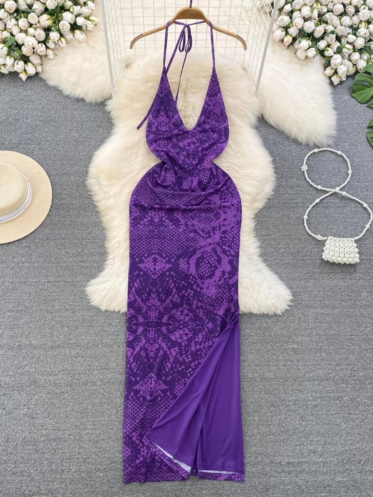 

Casual Dresses Foamlina Sexy Halter V Neck Printing Summer Dress Women Fashion Sleeveless High Waist Open Back Split Evening Party Maxi, Purple