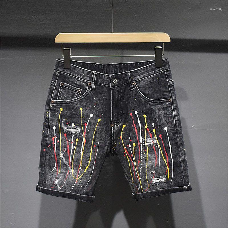 

Men's Shorts Black Gray Men's Straight Denim Summer Elastic Fashion Spray Paint Hip Hop Youth Short Jeans Streetwear, Dark grey