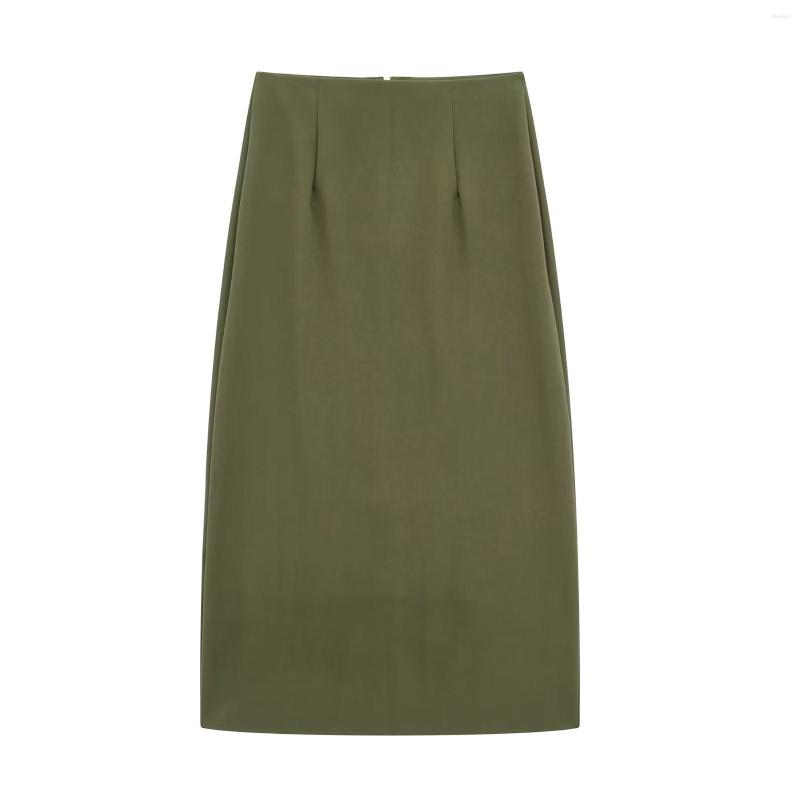 

Skirts Woman Elegant Armygreen Zipper Midi Skirt 2023 Spring Fashion High Waisted Straight Ladies Chic Soft Solid