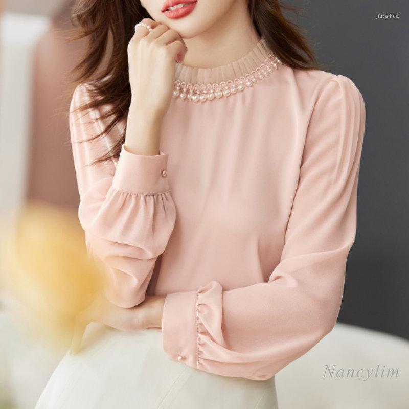

Women's Blouses Handmade Beaded Stand Collar Ruffled Satin Chiffon Blouse Women's Top 2023 Spring Temperament Long Sleeve Shirts And, Beige