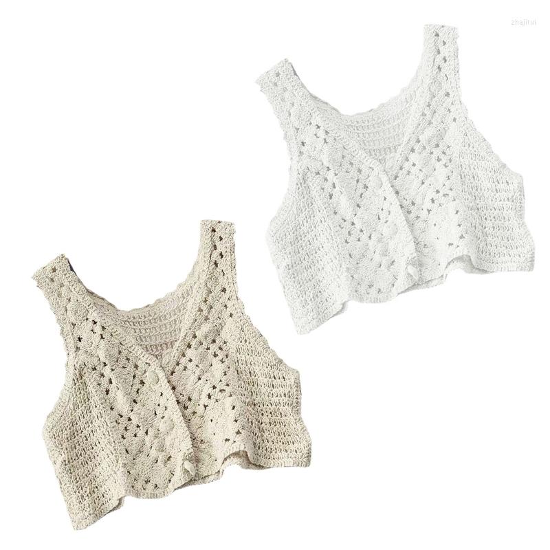 

Women's Tanks Elegant Hollow Out Waistcoat Women Buttons Front Crop Tops Crochet Loose Sleeveless Sweater Vest For Summer Autumn Daily, White