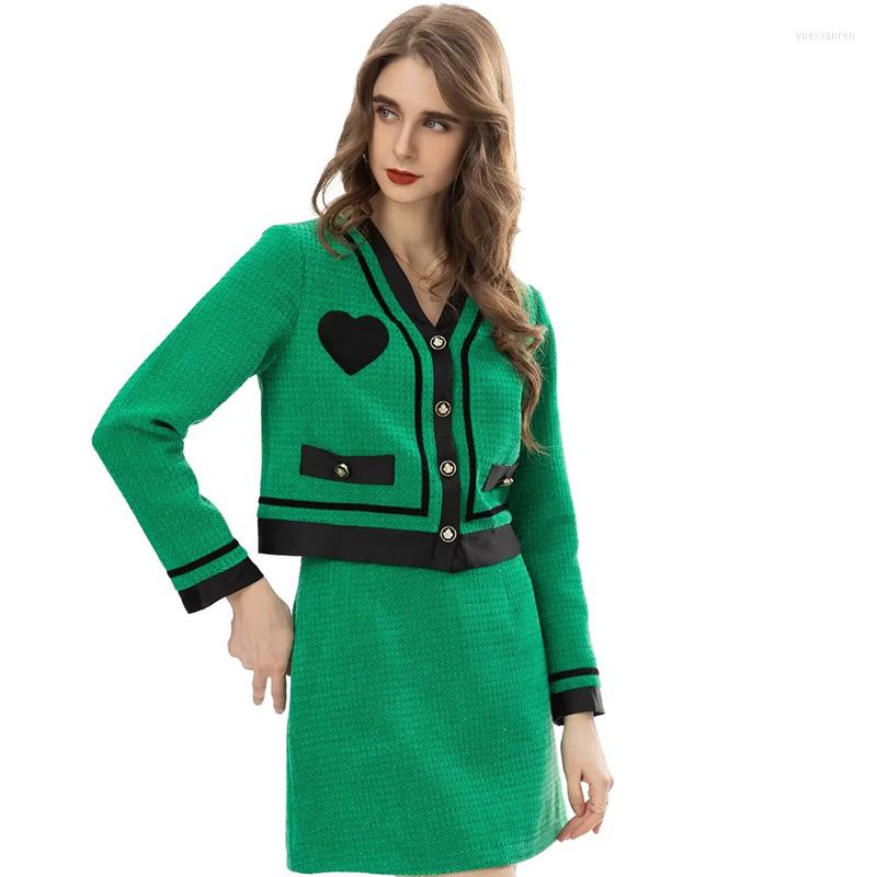 

Work Dresses Janeyiren Fashion Runway Spring Green Skirt Set Women V-neck Long Sleeve Single Breasted Short Coat 2 Piece