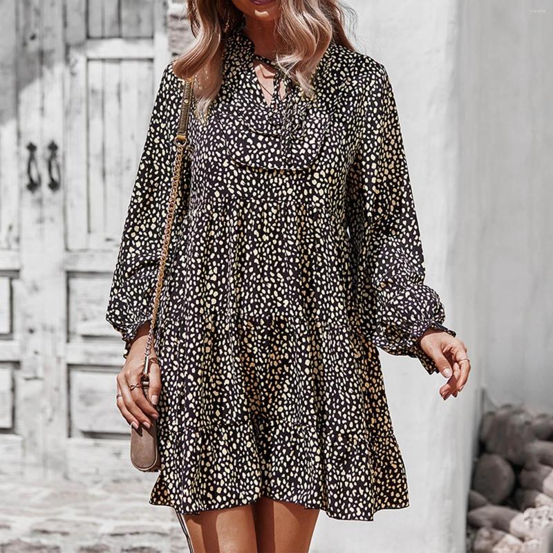 

Casual Dresses Long Sleeve Leopard Womens Elegant Loose Lace Up Ruffles Dress Boho Sundress Beach Holiday Party Vestidos, Black