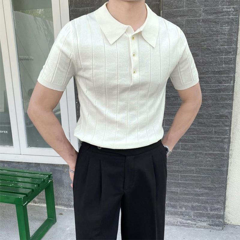 

Men's T Shirts Summer Striped Print Short Sleeve Knitted Men Polo Shirt England Style Business Slim Fit Casual Oversized Tops Tee Black