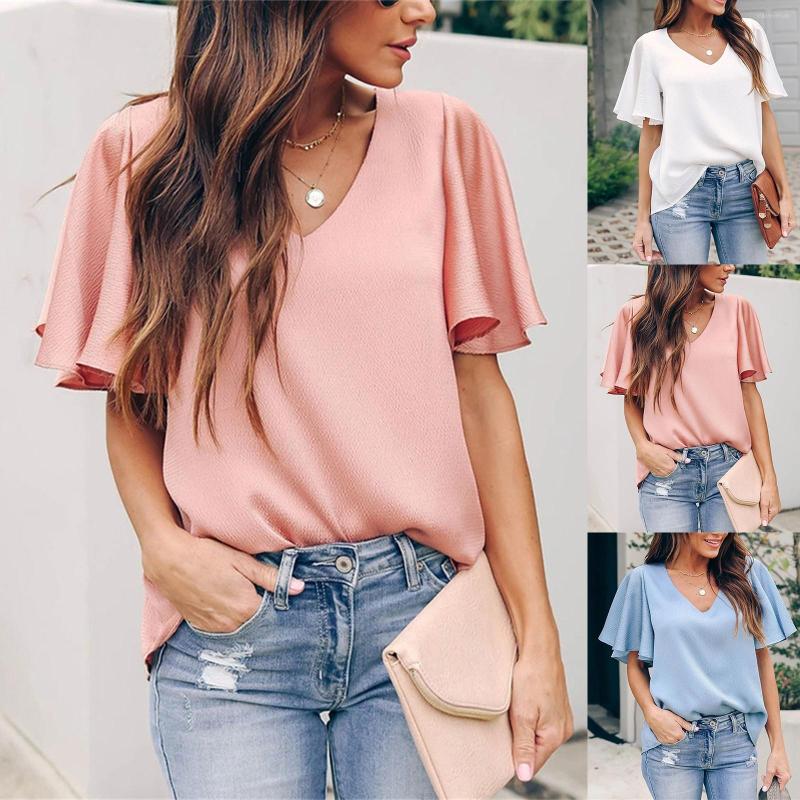 

Women's Blouses Women Summer Short Sleeves Sexy Tops Ruffles Loose V Neck Clothing Shirts, White