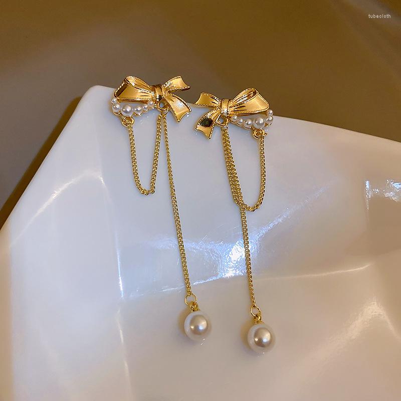 

Dangle Earrings Flash Pendant Long Fairy Pearl Bow Tassel Stud For Women Korean Fashion Earring Daily Birthday Party Jewelry Gifts