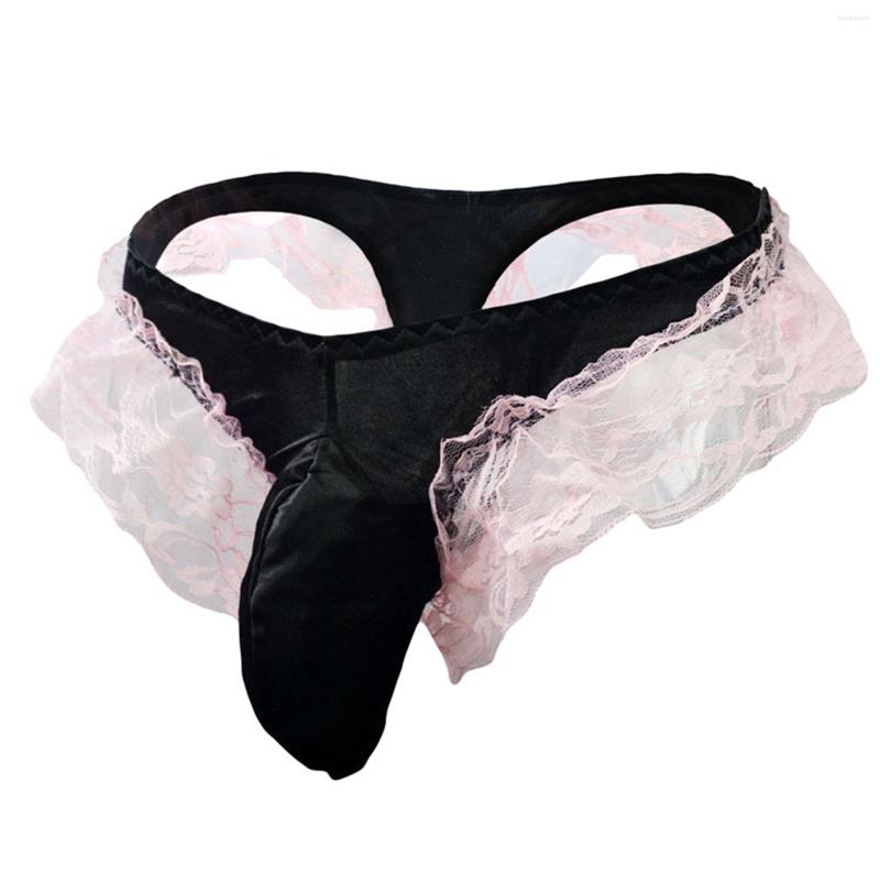 

Men's G Strings Sexy Seductive Sissy Lace Mesh Panties Hollow Thong String Stylish Nightwear Temptation Low-waist Boxers Underwear, Black
