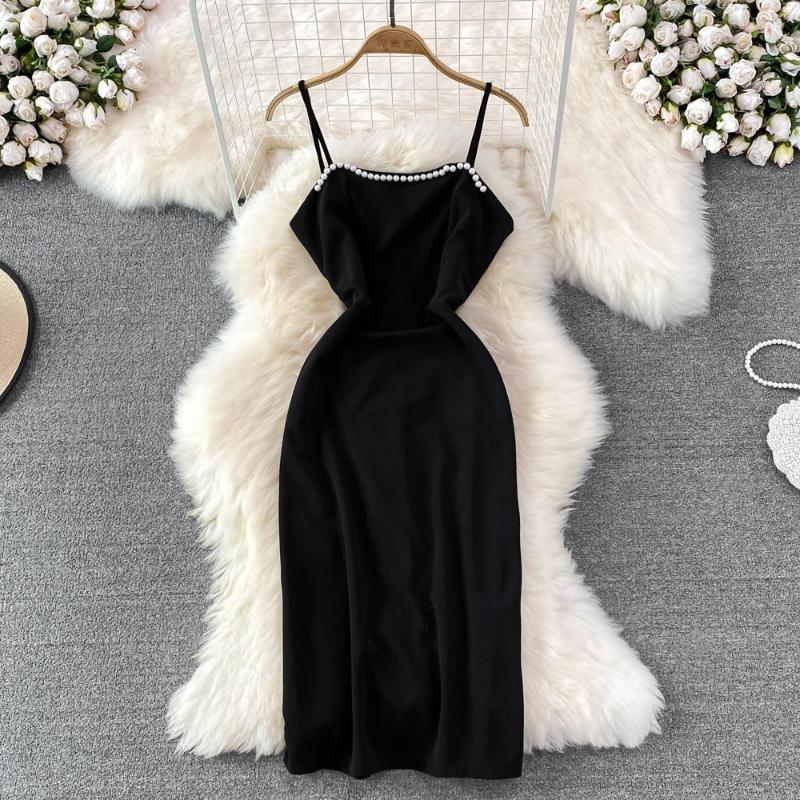 

Casual Dresses Black Sling Dress Hepburn Style Ladies Beaded Tube Suspender Women Slim Fit Sleeveless Backless Slit Knee Summer