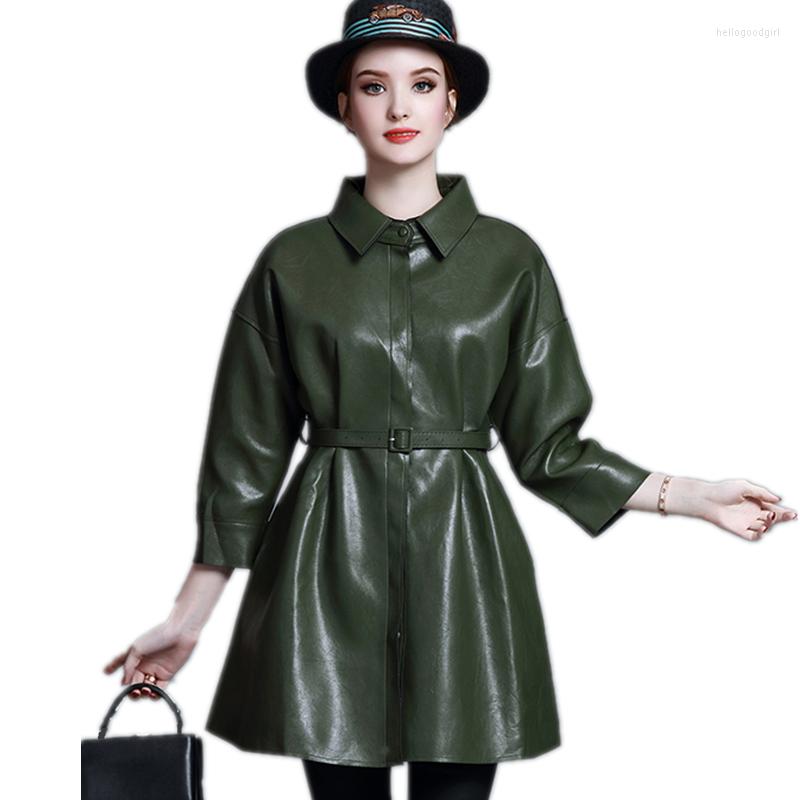 

Women' Leather High-quality Spring Autumn Women Long PU Coat 2023 Fashion Slim Female Turn-down Collar Jacket (Give Belt) SUN115, Black