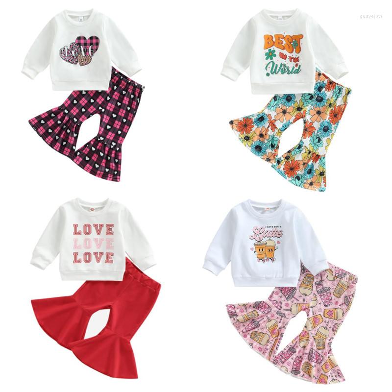 

Clothing Sets Toddler Kids Girls Valentine's Day Clothes Suits Letter Print Long Sleeve Sweatshirts Tops Floral Flare Pants 2Pcs Set, Beige
