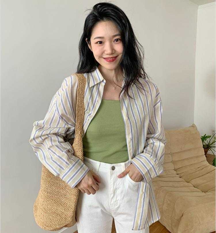 

Korean Striped Polo Shirt: Loose-Fit, Long Sleeves for Early Autumn, Khaki