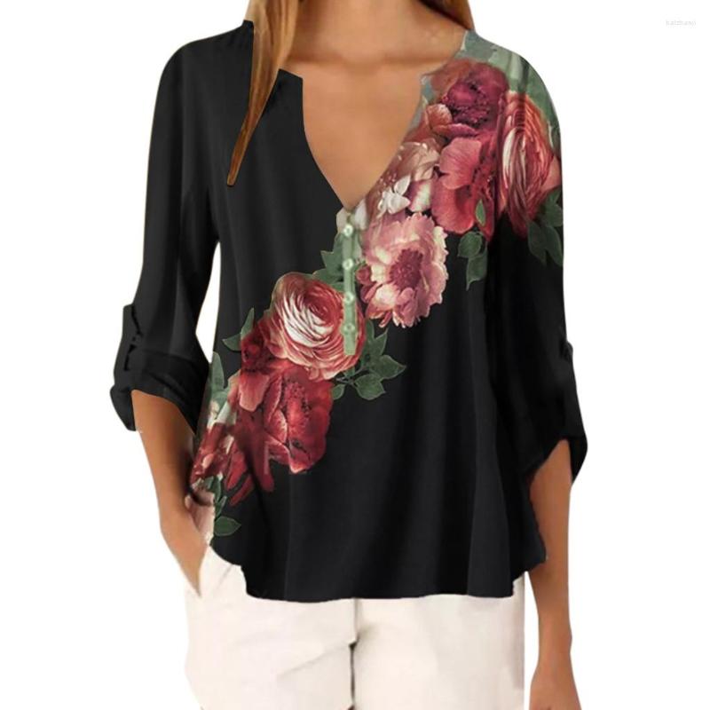 

Women's Blouses Womens Boho Shirts Ladies V Neck Floral Print Loose Blouse Vintage Long Sleeve Elegant Oversized Pullover Beach Blusas, Black