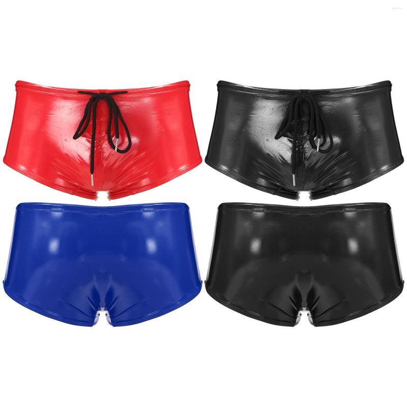 

Underpants Men Wet Look Patent Leather Swimming Trunks Low Rise Drawstring Boxer Shorts Swimwear Party Night Clubwear Underwear, Black