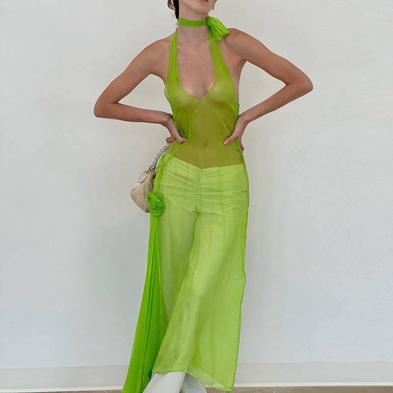 

Casual Dresses Boho Beach Holiday Green Mesh Sheer Long Dress Bikini Cover-ups Sexy V Neck Backless Halter Y2K Fairycore Streetwear