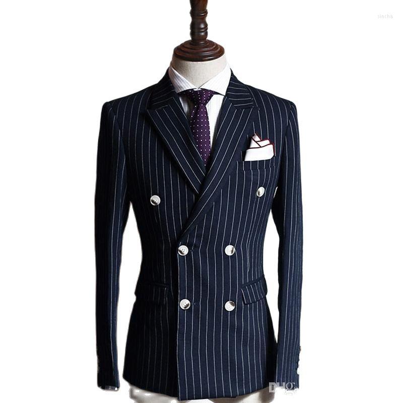 

Men's Suits Navy Blue Stripe Double Breasted Male Blazer Jacket Sets Business Style Costumes Formal Clothing Wedding Men 2023 2 Pieces, Gold