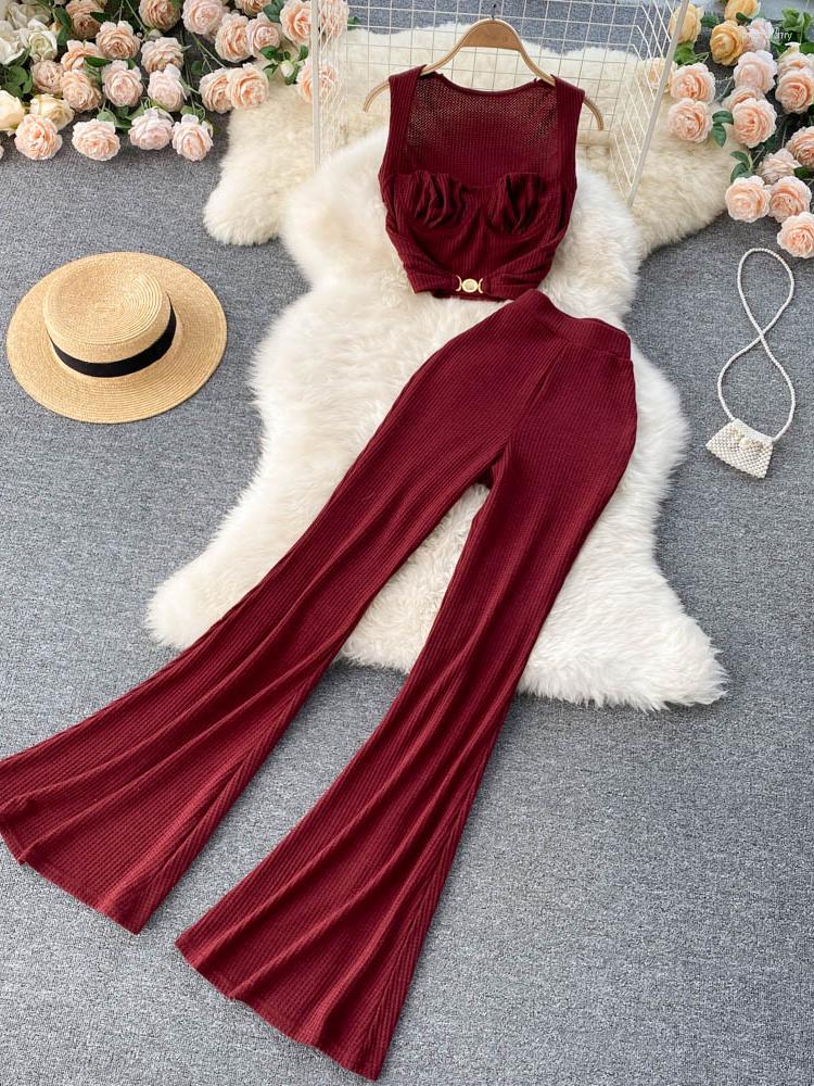 

Women's Two Piece Pants 2023 Set Summer Women Red/Black/White Elegant Square Collar Short Tops High Waist Flare Fashion Suits Female