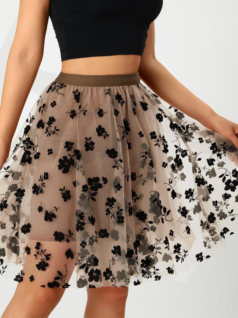 

Skirts Women Flocked Floral Print Layered Midi A-line Skirt Summer High Waist Tutu Tulle, Khaki