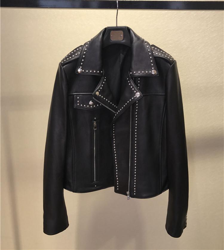 

Women' Leather & Faux Arrival Women Sheepskin Rivets Jackets Coat Fashion Slim Fit Real D700, Black