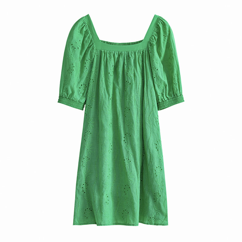 

Square A-line Women's Casual Dresses Pullover Ruched High Waist Mini Short Length Jacquard Hollow Out Slash Pockets Half Lantern Sleeves Basic Style Spring Summer, Green