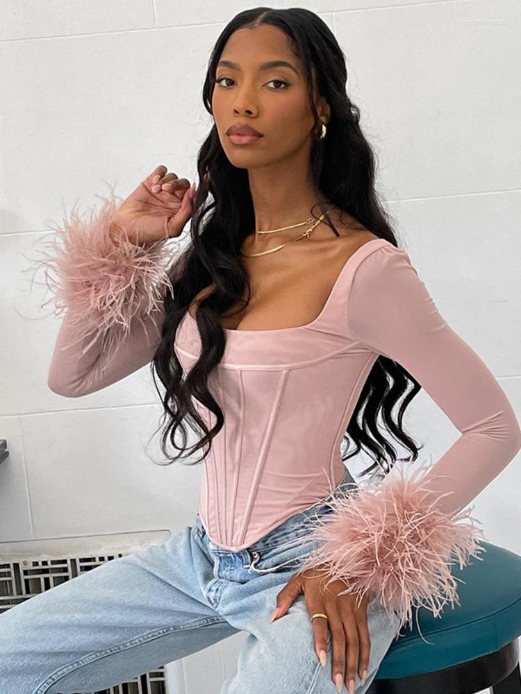 

Women's T Shirts Mozision Sexy Women Mesh Split T-Shirts Square Collar See-Through Long Sleeve Feather Tshirt Backless Tops 2023 Fashion, Black