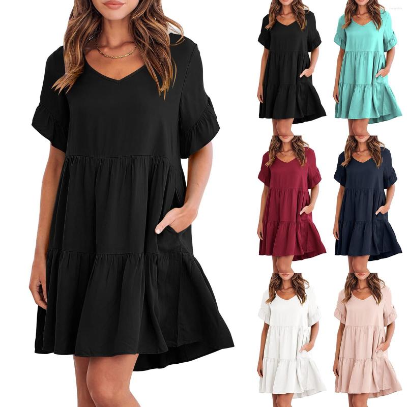 

Casual Dresses Women' Summer V Neck Doll Dress Pleated Short Sleeve Tunic Shirt Long Skater For Women, Wine