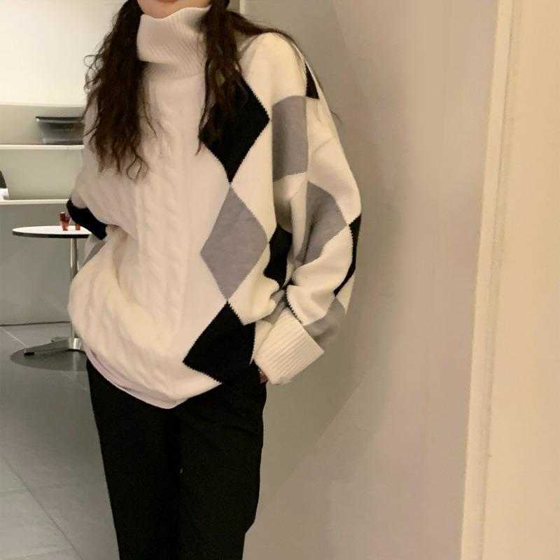 

Retro Lazy Rhombus Hemp Pattern Turtleneck Sweater Womens Autumn And Winter, White