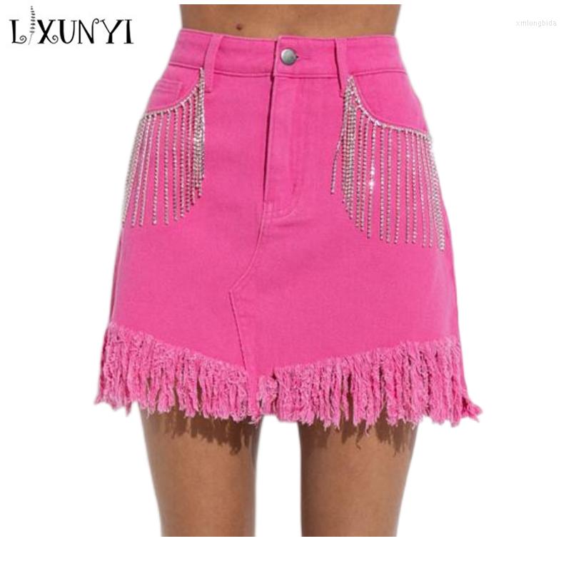 

Skirts 2023 Spring Summer Denim Skirt Women Personality Rhinestone Tassels Pencil Fashion High Waisted Short, Black