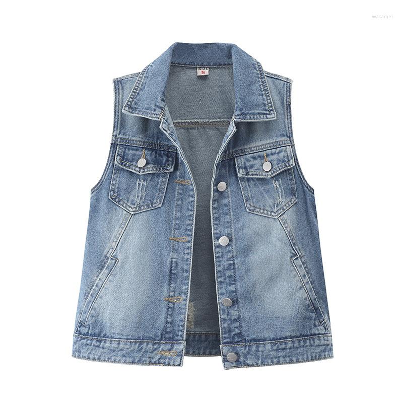 

Women' Vests Single Breasted Women Denim Jacket Vest Short Outerwear Large Size Sleeveless Slim Hole Jeans Waistcoats Casual Tops 3XL, Blue