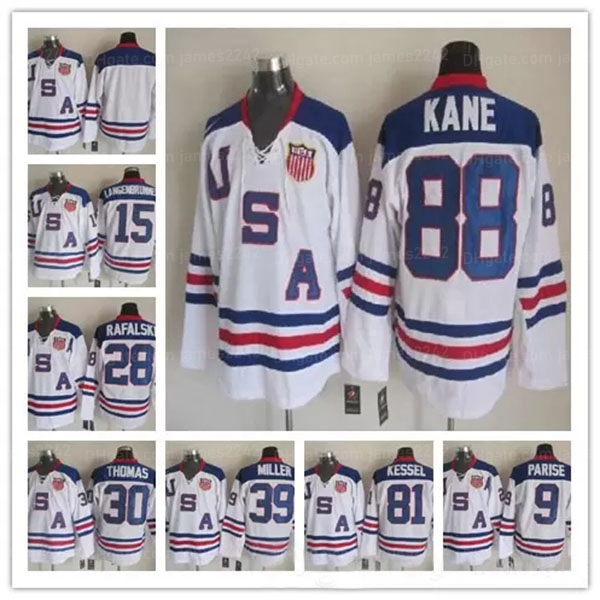 

2010 Team USA Hockey Jerseys 9 Zach Parise 88 Patrick Kane 81 Phil Kessel 28 Brian Rafalski 39 Miller 15 Langenbrunner Sticthed Blue White Custom Name Number, As shown