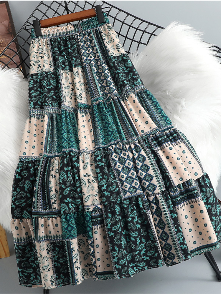 

Skirts SURMIITRO Midi Long Pleated Skirt Women Spring Summer Green Khaki Bohemian Print Elegant A Line High Waist Skirt Female 230414