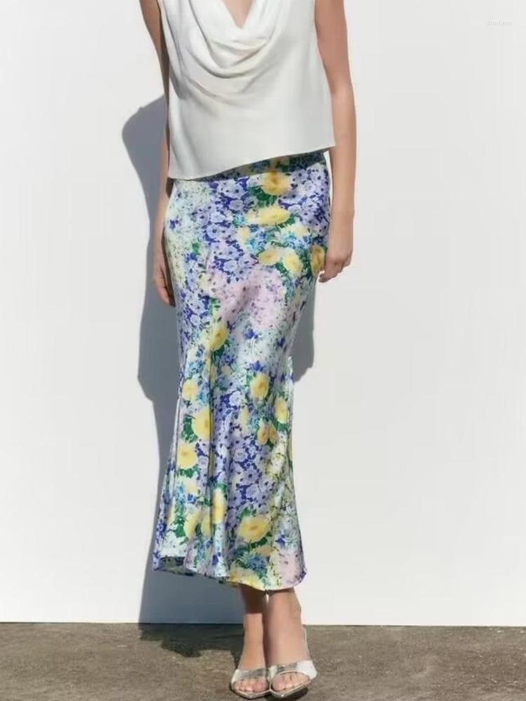 

Skirts 2023 Women Summer Fashion Floral Print Asymmetrical Mid-Calf Satin Female Casual Elegant Skirt Clothing XX9247