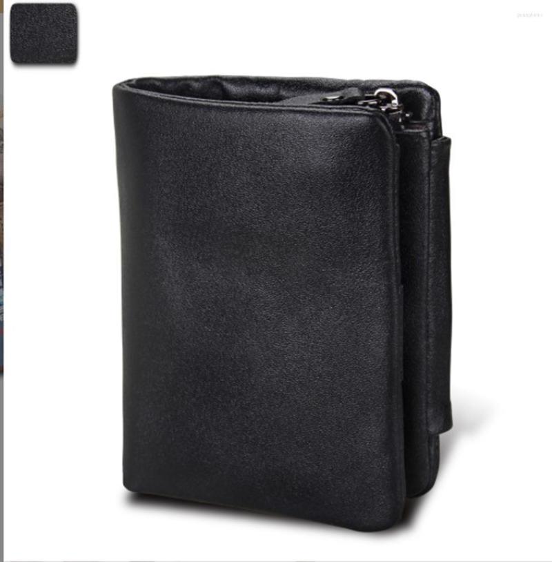 

Wallets 3585 Men's RFID Soft Solid Bank Card Holders Mini Portable Women Leather Short Buckle Zipper Wallet, Black