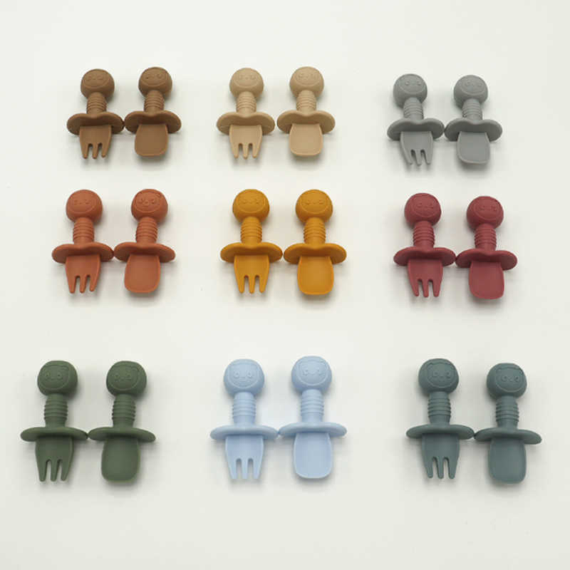 

Cups Dishes Utensils Baby Silicone fork spoons baby training predator fork spoon short handle learn molar artifact silicone Baby Children's Tableware AA230413